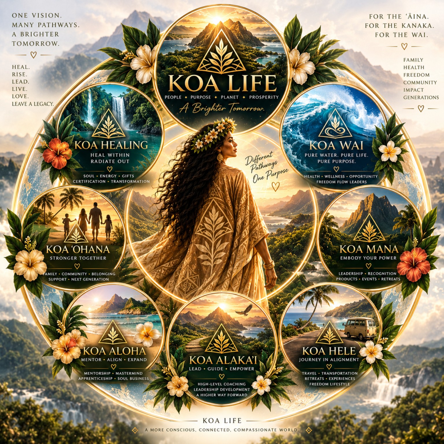 The complete Koa Life ecosystem showing the Koa Healing, Koa Wai, Koa Mana, Koa Aloha, Koa Alakaʻi, Koa Hele and Koa ʻOhana pathways